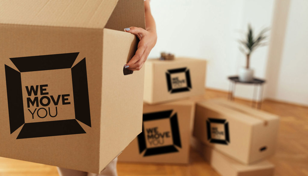 A man with a van is seen carrying a cardboard box with "We Move You" written on it, with three more similar boxes in the background. The room, located in Edinburgh, features a wooden floor and a small plant on a table.